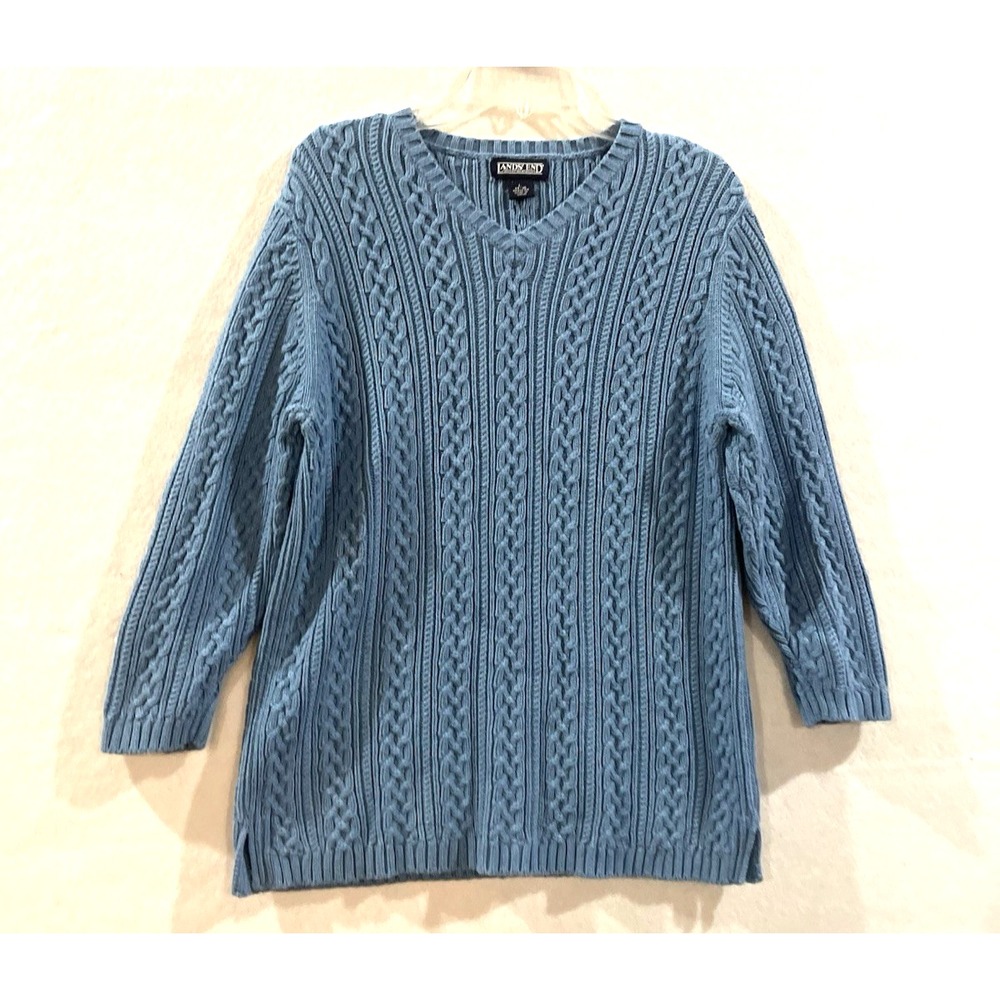 Lands End Preppy Cable Knit Sweater Blue Lg Coastal Grandmother Old Money Chic